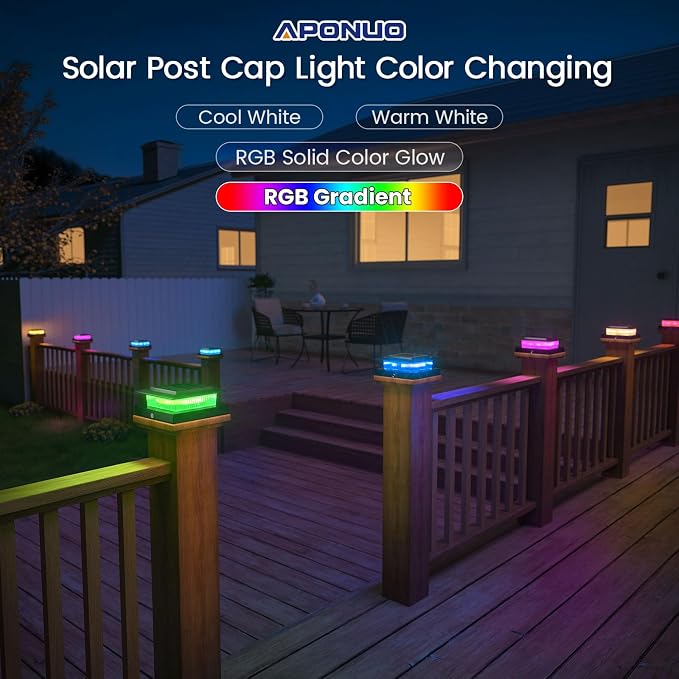 APONUO 12 Pack Solar Post Cap Lights Color Changing - 8 Solid Colors & Flowing Multicolor, IP65 Waterproof for 4x4 Wood/Vinyl Posts, Auto On/Off Deck Fence Patio Garden Lighting, Black