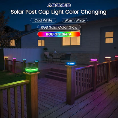 APONUO 12 Pack Solar Post Cap Lights Color Changing - 8 Solid Colors & Flowing Multicolor, IP65 Waterproof for 4x4 Wood/Vinyl Posts, Auto On/Off Deck Fence Patio Garden Lighting, Black
