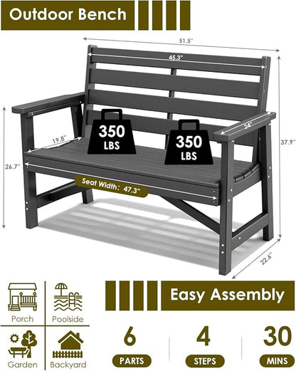 GREENVINES Outdoor Bench | 51.5’’ | HDPE | Garden Benches | Weatherproof | for Outdoors Patio Park Porch Outside Backyard | 2-Person | Black