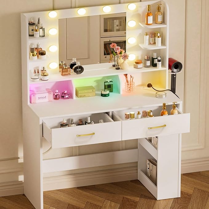 COMHOMA Vanity Desk with Lighted Mirror and Power Outlet, RGB LED Lights Makeup Vanity Set for Girls, Large Storage Capacity Dressing Table for Bedroom, 3 Lighting Modes Adjustable Brightness, White