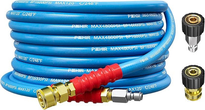 POHIR 25ft Pressure Washer Hose 3/8" 4800 PSI, No Marking Kink Free Hose with Quick Connect Ends and Adapters for Hot & Cold Water up to 248°F, Steel Wire Braided Hose for Power Washing