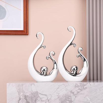 DOVDOV White and Silver Ceramic Abstract Statues Set of 2, Modern Art Deco Accents, Unique Home Decor, Coffee Table Decor, Shelf Decor, Room Decor, Coffee Table Decor Aesthetics.