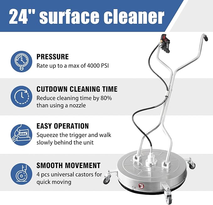 janz 24" Pressure Washer Surface Cleaner with 4 Wheels,Dual Handle,Stainless Steel Housing, 2 Hose Adapters and 4 Replacement Nozzles, Ideal for Cleaning Driveways, Sidewalks,Patios,Decks