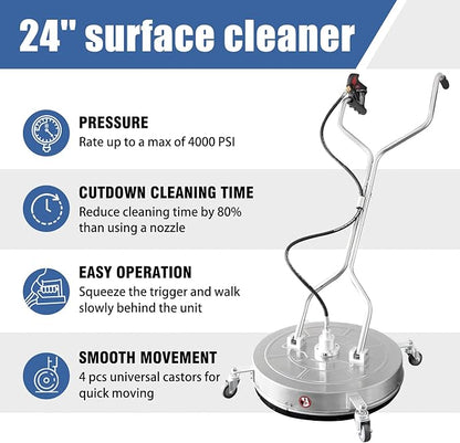 janz 24" Pressure Washer Surface Cleaner with 4 Wheels,Dual Handle,Stainless Steel Housing, 2 Hose Adapters and 4 Replacement Nozzles, Ideal for Cleaning Driveways, Sidewalks,Patios,Decks
