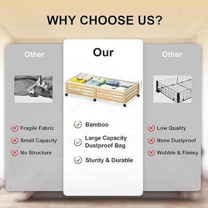 Under Bed Storage with Wheels-Large Bamboo Underbed storage Containers with Large Dust Bag Stackable Under the Bed Shoe Storage Bins for Clothes Books Bedding (2 Packs Nature, 33.07"L×16.54"W× 6.5"H)