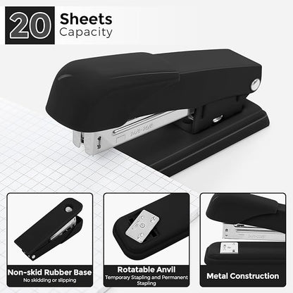 SKYDUE Black Office Supplies Set, Black Desk Accessories, Stapler, Tape Dispenser, Scissors, Binder/Paper Clips and 1000pcs Staples, Desk Supplies Set