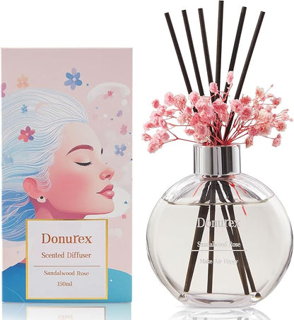 Flower Reed Diffuser Set 5.07oz Sandalwood Rose Scent Diffuser with Sticks Home Fragrance Reed Diffuser for Bathroom Shelf Decor