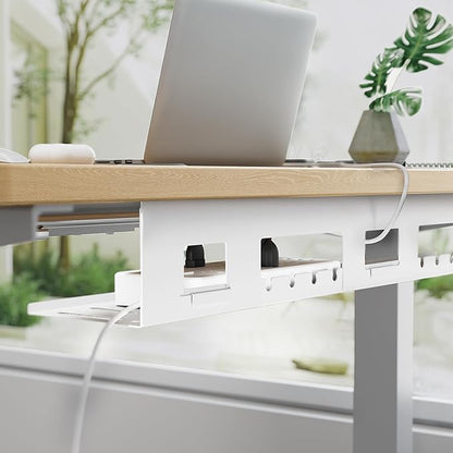 PEGZONE Under Desk Cable Management Tray, 31.5 Inches Metal Cord Organizer Rack, Desk Tray for Power Strip, Cord, Wire, Easy Mounting Cable Management Under Table for Home Office, White
