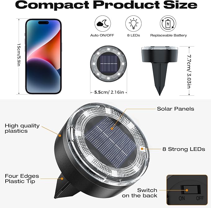 Mini Solar Ground Lights, 12 Pack Solar Lights Outdoor Waterproof, Upgraded LED Flat Landscape Lighting for Outside Pathway Garden Patio Yard Driveway,Cold White