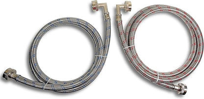 Premium Stainless Steel Washing Machine Hoses with 90 Degree Elbow, 8 Ft Burst Proof (2 Pack) Red and Blue Striped Water Connection Inlet Supply Lines