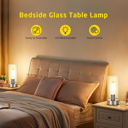 Table Lamp for Bedroom, Bedside Modern Nightstand Lamp with Glass Lamp Shape, 2700K 6W Glass Bulb Included(Chrome).