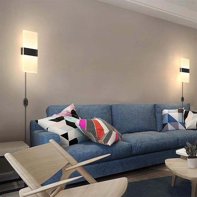 Lightess Plug in Wall Sconces Set of 2, Wall Lamp Plug in with 10%-100% Stepless Dimmable, 12W Acrylic LED Wall Lights for Bedroom Living Room