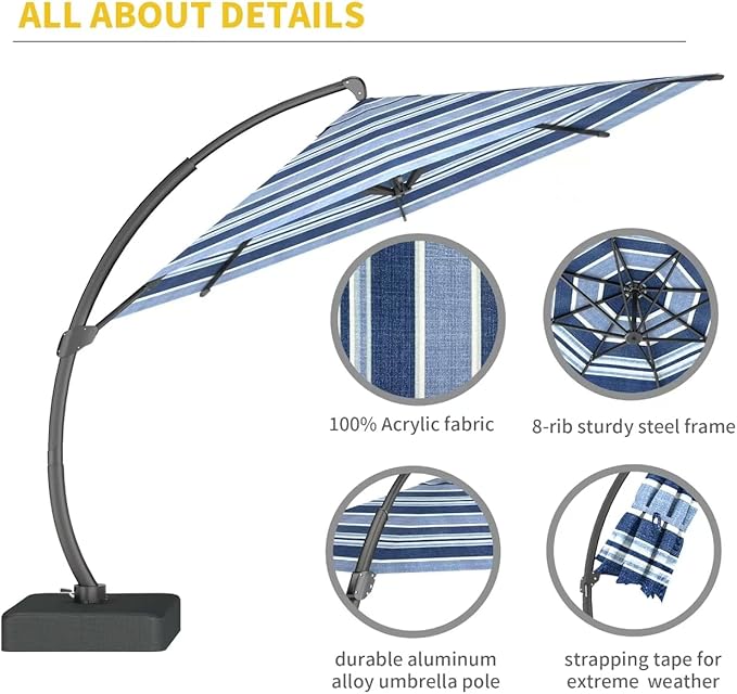 Kingdura 11ft Offset Cantilever Patio Umbrella with Base Included, Large Round Aluminum Outdoor Umbrella with 100% Acrylic Fabric, 360° Rotation & Infinite Tilt for Deck Pool Backyard, Blue Stripes