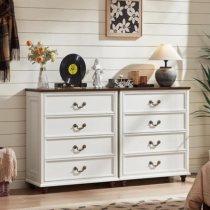 Farmhouse 4 Drawer Dresser for Bedroom, 37" Tall Rustic Chests of Drawers w/ 4 Solid Wood Feet, Mid Century Modern Wooden Closet Storage Dressers Organizer for Living Room, Hallway, White