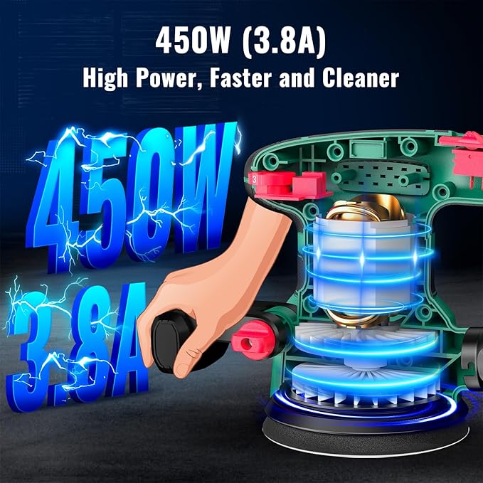 Orbital Sander 3.8Amp 450W, HYCHIKA 6 Variable Speeds Double Handle Palm Random Orbit Power Sander, 5-Inch Electric Sander with 20pcs Sandpapers, Dust Collector for Woodworking