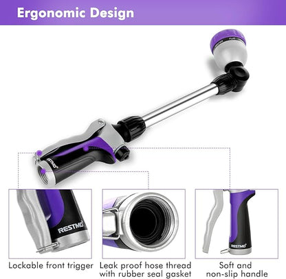 RESTMO Metal Watering Wand, Heavy Duty Garden Hose Wand with 180° Swivel Ratcheting Head, 16'' Hose Nozzle Sprayer with 7 Spray Patterns and Flow Control, for Water Hanging Baskets and Shrubs, Purple