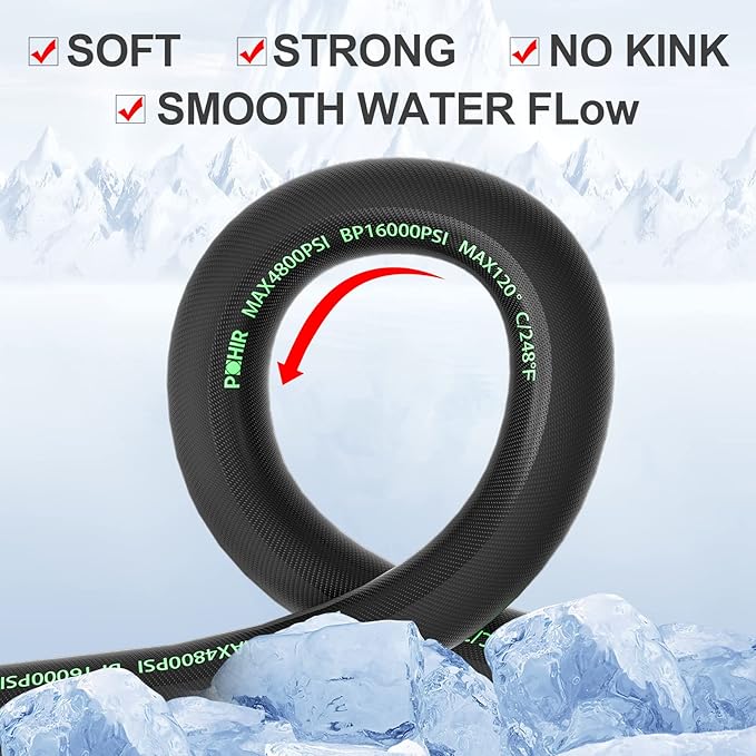 POHIR Pressure Washer Whip Hose 5FT, Reel Connector 248°F Hot/Cold Water Jumper Hose 3/8" with Quick Connect Adapter, Industry Grade Steel Wire Braided & Synthetic Rubber Jacket 4800 PSI