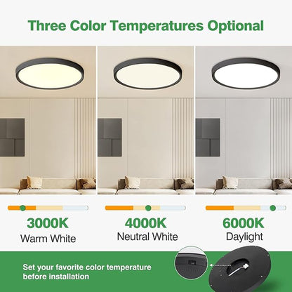 24 Inch Large LED Flush Mount Ceiling Light, 50W,5480LM, 3000K/4000K/6000K CCT Selectable, Black Round Flat Panel Low Profile Ceiling Light Fixtures for Hallway, Kitchen, Bedroom, Laundry Room