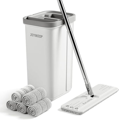 JOYMOOP Mop and Bucket with Wringer Set, Hands Free Flat Floor Mop and Bucket, with 5 Washable Microfiber Pads, Wet and Dry Use, Floor Cleaning System