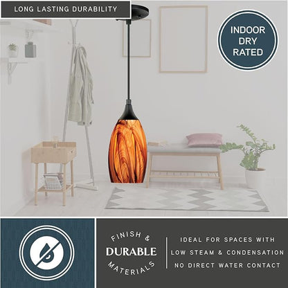 VAXCEL Milano Mini Pendant for Kitchen Island, Oil Rubbed Bronze, Smoky Fire Glass, Dimmable Ceiling Mounted Lighting, Adjustable Height