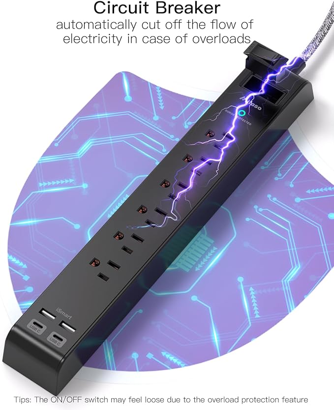 2 Pack Surge Protector Power Strip, 6 Outlets 4 USB Charging Ports, 12Ft Braided Extension Cord, Slim Flat Plug, Wall Mount, Desk Accessories, Home Office Essentials