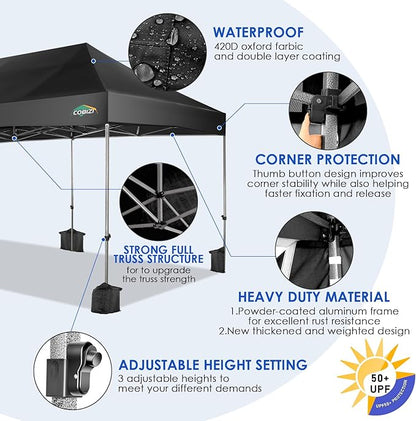 COBIZI 10x20 Heavy Duty Pop up Canopy Tent with 6 sidewalls Easy Up Commercial Outdoor Canopy Wedding Party Tents for Parties All Season Wind & Waterproof Gazebo with Roller Bag,Black(Frame Thickened)