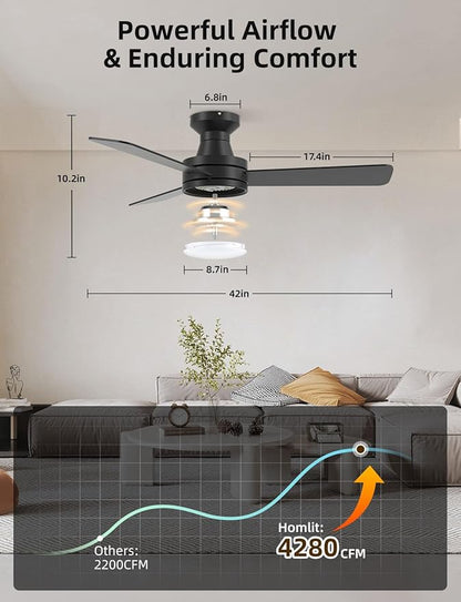 42" RGB Ceiling Fan with Light, Music Sync Smart Fan with Alexa/Google/App Control, Low Profile Flush Mount, 6-Speed Quiet DC Motor, 4 CCT Dimmable Lighting for Bedroom Living Room, Black