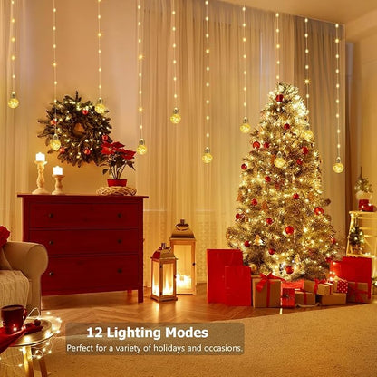 Wishing Ball Curtain Lights Battery Operated, 10ft x 3.3ft Warm White & Multicolor Fairy String Lights Curtain, Timer & IR Remote for Bedroom Backdrop Indoor Outdoor Christmas Party Decor