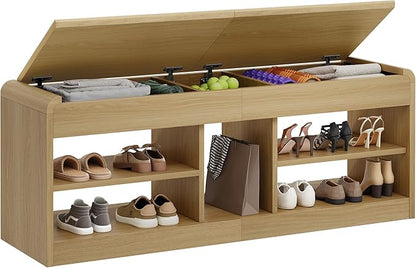 Shoe Storage Bench, 47.2in Entryway Bench with Flip-Open Storage Box, 2 Tier Shoe Rack Organizer with Shelf, Entryway Cabinet for Hallway Living Room Bedroom, Natural