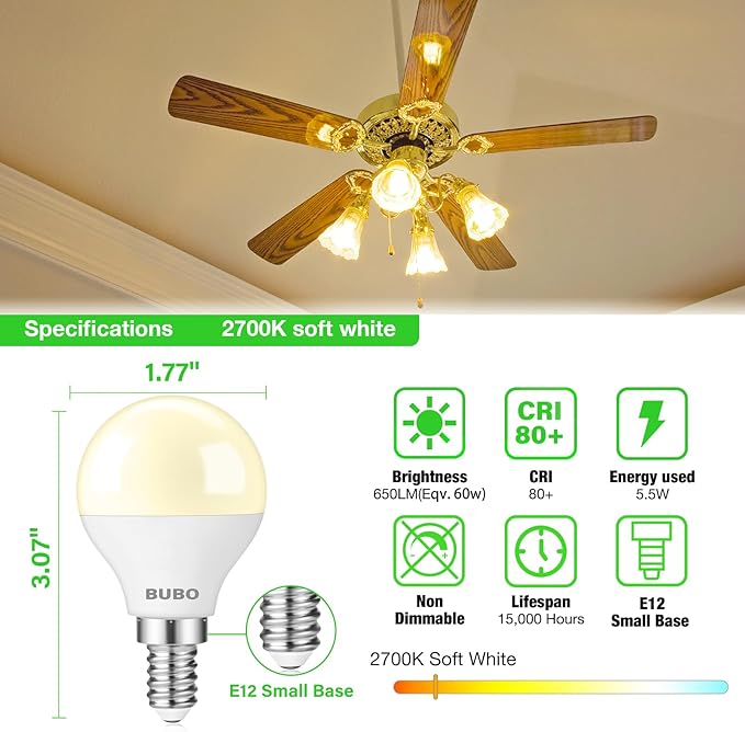 BUBO Ceiling Fan Light Bulbs 60 Watt Soft White, E12 LED Bulb Warm White 2700K, Light Bulbs Small Base, A15 Candelabra Base LED Light Bulb 5.5W for Light Fixture, 120V, 650LM, Non-Dimmable, 6 Pack