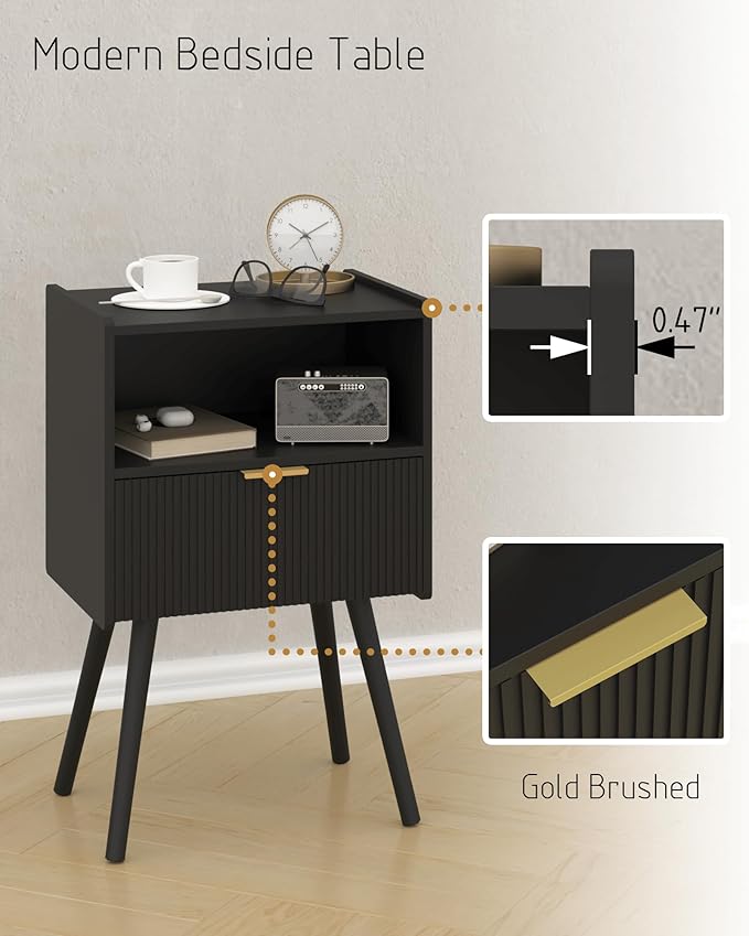 Black Nightstand,Modern Bedside Table with Storage Drawer and Open Wood Shelf, for Living Room, Bedroom and Small Spaces, Accent Night Stand with Solid Wood Legs, Easy Assembly,Classic Black