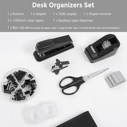 SKYDUE Black Office Supplies Set, Black Desk Accessories, Stapler, Tape Dispenser, Scissors, Binder/Paper Clips and 1000pcs Staples, Desk Supplies Set