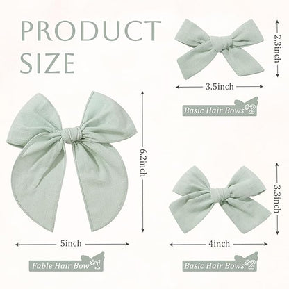 YHXX YLEN 5PCS Green Cotton Linen Hair Bows for Girls Handmade Alligator Clip Hair Accessories for Babies Infant Toddlers Kids(5inch×1, 4inch×2, 3.5inch×2)