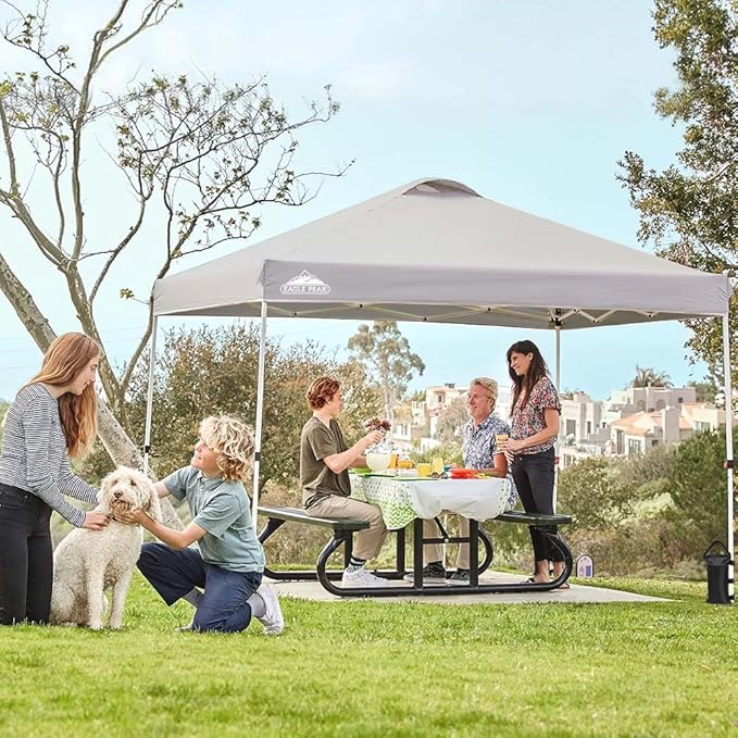 EAGLE PEAK Pop Up Canopy Tent with Wheeled Carry Bag, 8 Stakes, 4 Ropes, 4 Weight Bags, Easy Set Up Tent Canopy, 10x10 ft, 100sqft of Shade, Light Gray