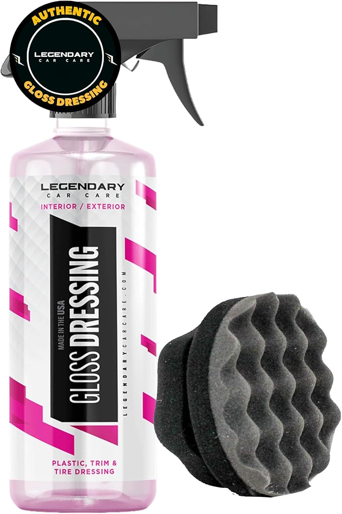 Legendary Gloss Dressing with Applicator 16oz - Tire Shine Spray & Plastic Restorer – Water Based & Non-Greasy Interior/Exterior Detailing Spray - Trim, Rubber, Vinyl & Plastic Restorer for Cars