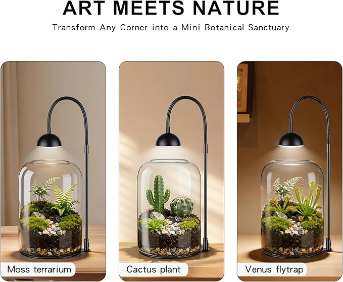 Glass Plant Terrarium with LED Grow Light & Adjustable Ventilation, 8.2" Desktop Terrarium for Venus Fly Trap, Moss & Succulents, Borosilicate Indoor Planter for Home Office Decor