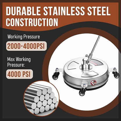 14" Pressure Washer Surface Cleaner with Wheels, 4000PSI Stainless Steel Surface Cleaner with 1/4" Quick Plug and 2 Extension Wands, for Patio Sidewalks, Deck, Porch Cleaning
