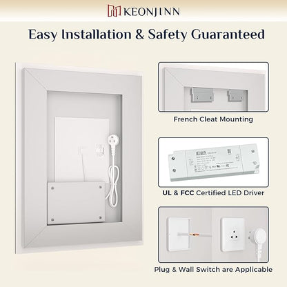 Keonjinn LED Bathroom Mirror 30 ” x 30 ” with Frontlit & Backlit, Lighted Mirror for Bathroom Wall with Dimmable 3-Color Lights, Anti-Fog Mirror with HD Tempered Glass, UL-Listed LED Driver