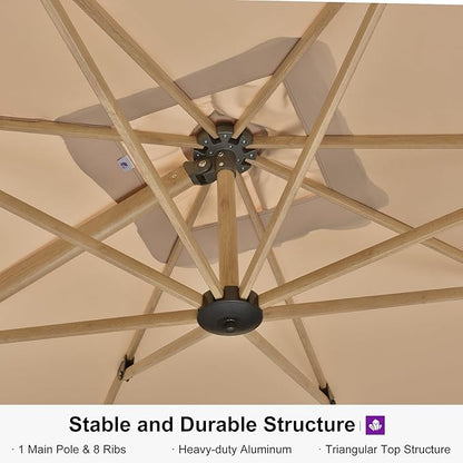 PURPLE LEAF 11FT Patio Umbrella Square Cantilever Umbrella Teak Finished Aluminum Frame Large Windproof Offset Outdoor Sun Umbrellas for Beach Pool Deck, Beige