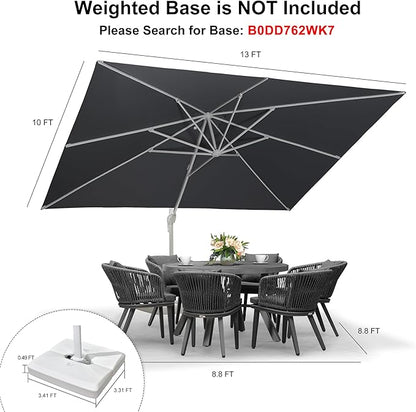 PURPLE LEAF 10' × 13' Patio Umbrella White Cantilever Umbrella Aluminum Square Outdoor Offset Umbrella Hanging Windproof with 360° Rotation for Garden Deck Pool, Light Grey