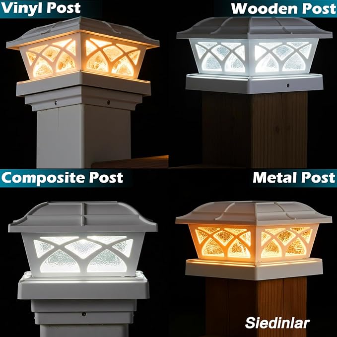 SIEDiNLAR Solar Post Cap Lights Outdoor Glass 2 Color Modes 8 LEDs for 4x4 5x5 6x6 Wooden Vinyl Posts Fence Deck Patio Decoration Warm White & Cool White Lighting White (10 Pack)