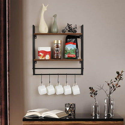 Bathroom Towel Rack 2 Tier Wall Shelf with Towel Bar, Rustic Towel Rack with Shelf for Wall Storage Shelves with Hooks Over Toilet Shelf Wall Mounted Towel Holder Shelf Floating Shelves for Home Brown