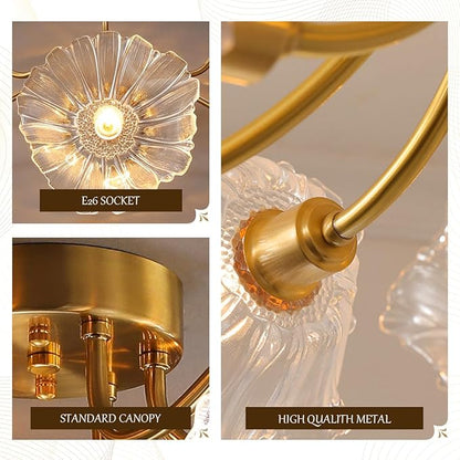 Mid Century Modern Close to Ceiling Light Fixtures Flower Flush Mount Ceiling Lights Glass Chandelier 3-Light Gold Brass Overhead Light Sputnik Ceiling Lighting for Dining Living Room