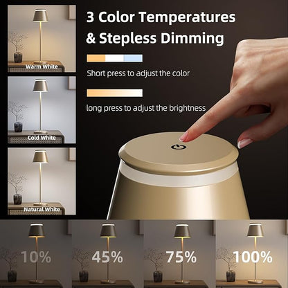 Cordless Table Lamp Set of 2 with Portable USB Rechargeable Dock, LED Wireless Touch Desk Lamps with Remote, 3 Color Stepless Dimmable, for Bedroom Night Lights Dining Outdoor Patio Restaurant