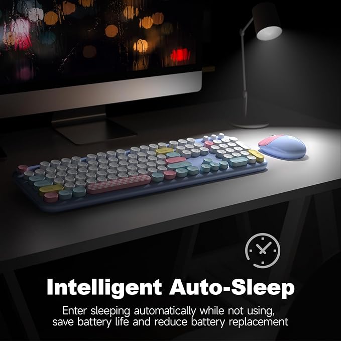 Wireless Keyboard and Mouse Combo, 2.4G Retro Typewriter Keyboard with Number Pad and Cute Ambidextrous Wireless Mouse for Computer Laptop