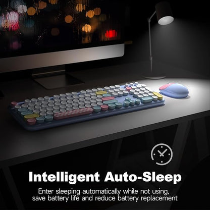 Wireless Keyboard and Mouse Combo, 2.4G Retro Typewriter Keyboard with Number Pad and Cute Ambidextrous Wireless Mouse for Computer Laptop