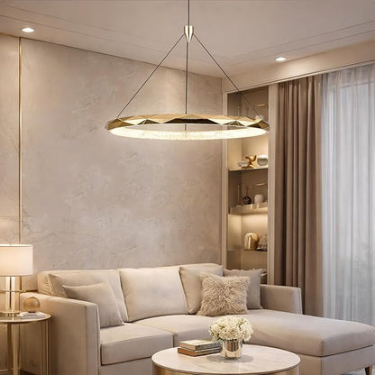 HEYAN Modern Gold Ring Chandelier, 24-Inch Faceted Geometric LED Pendant Light, Dimmable 3-Color Changeable Island Lighting, 36W Luxury Acrylic Crystal-Effect Ceiling Fixture for Dining Room & Kitchen
