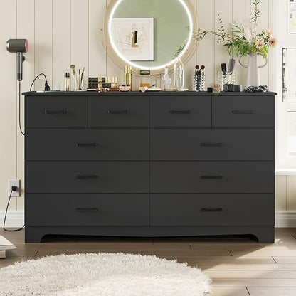 DICTAC Black Dresser for Bedroom with 10 Drawers, Large Chest of Drawers Storage Organizer, Long Dresser TV Stand with Power Outlets, Wide Dressers for Bedroom, Living Room 55.1" W x 32.3" H x 15.8" D