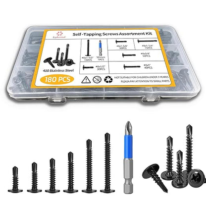 180 PCS #8 Self-Tapping Screws Assortment Kit with Driver,410 Stainless Steel Black Galvanized Pan Head Self Drilling Screws in 6 Sizes(1/2", 5/8", 3/4", 1", 1-1/4", 1-1/2")