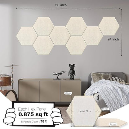 Mollywell Hexagon Acoustic Panels 14x12 - Reduce Echo & Reverb, Noise Blocking Wall Tiles for Living Room & Bedroom, Beige Sound Absorbing Panels